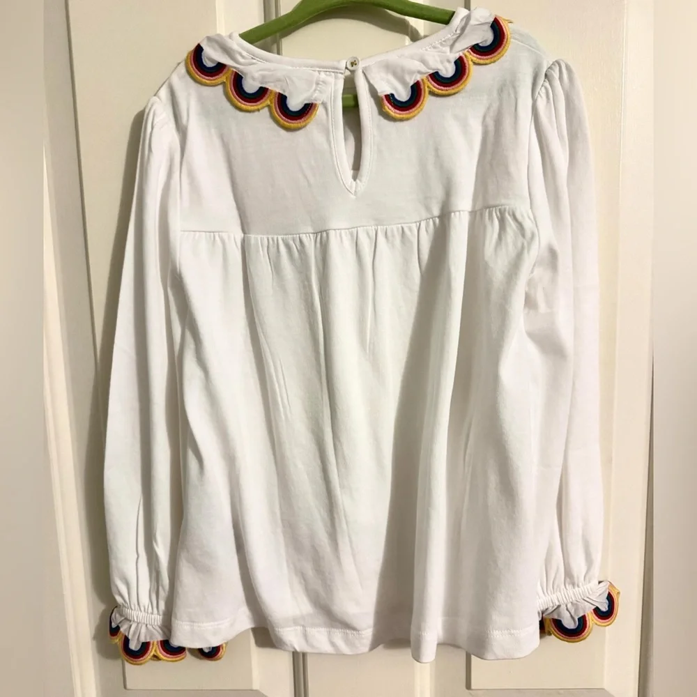 Mini Boden White Long Sleeve Tee with Multicolor Scallop Trim